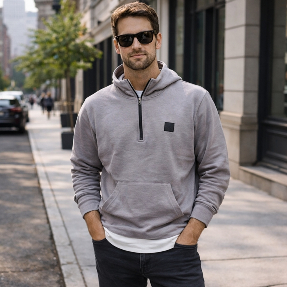 Adidas Gray & White Cotton Blend Quarter-Zip Pullover Hoodie Athletic Streetwear